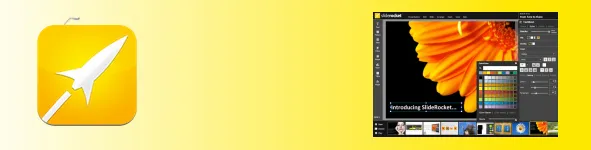 Rocket icon appears beside a screenshot of graphic-design software editing an orange flower on a yellow background.