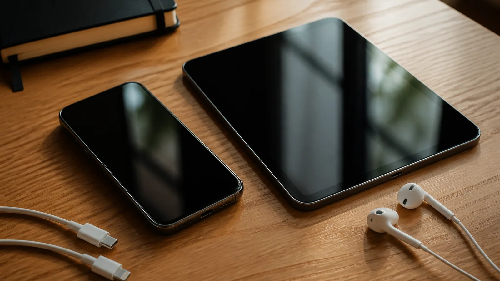 iPhone and iPad beside earbuds, charging cables, and a notebook on a wooden desk.