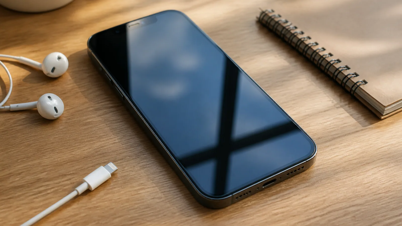 iPhone, earbuds, charging cable, and notepad arranged on a desk beside soft window light.