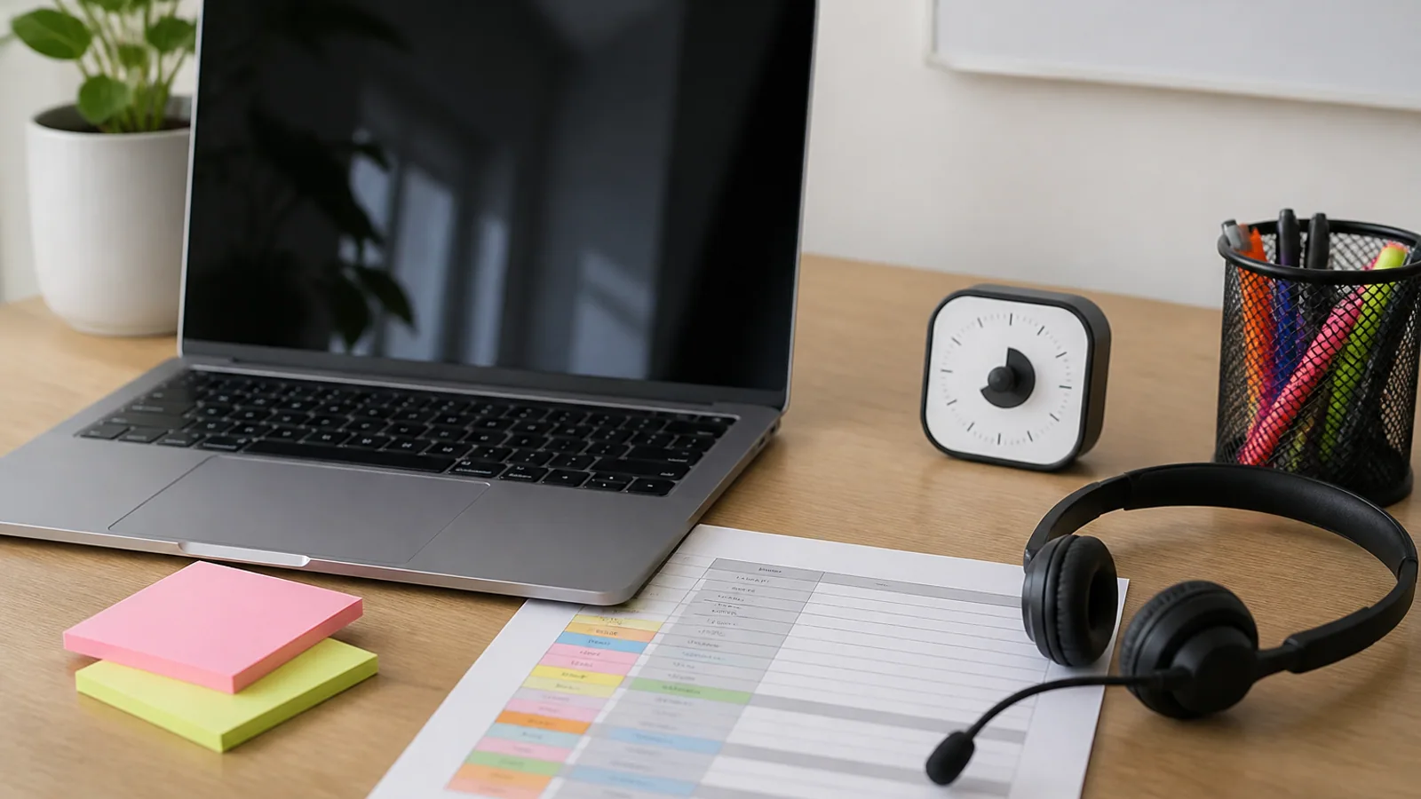Laptop, printed agenda, highlighted notes, headset, and timer arranged on a marketing desk.