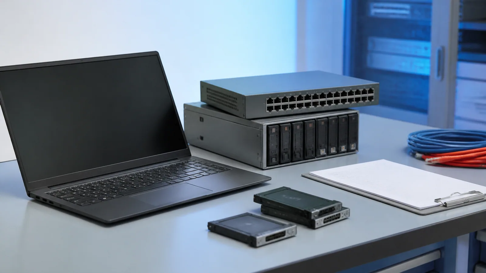 Laptop, server chassis, network switch, storage drives, cables, and checklist arranged on an operations bench.