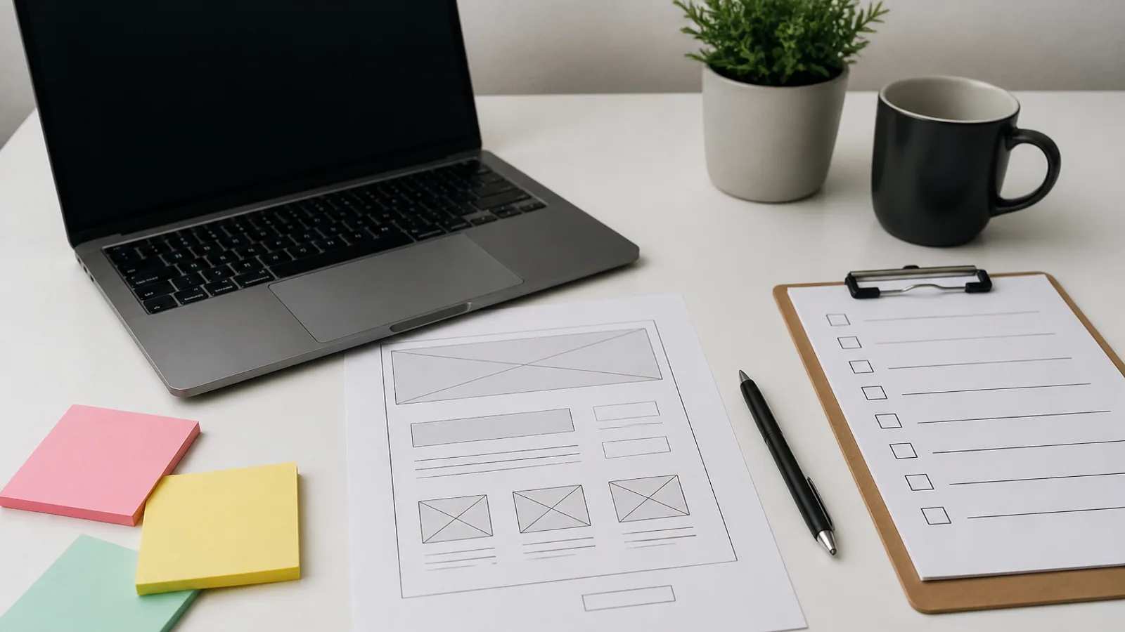 Laptop, printed wireframe, sticky notes, pen, and checklist arranged on a bright white desk.