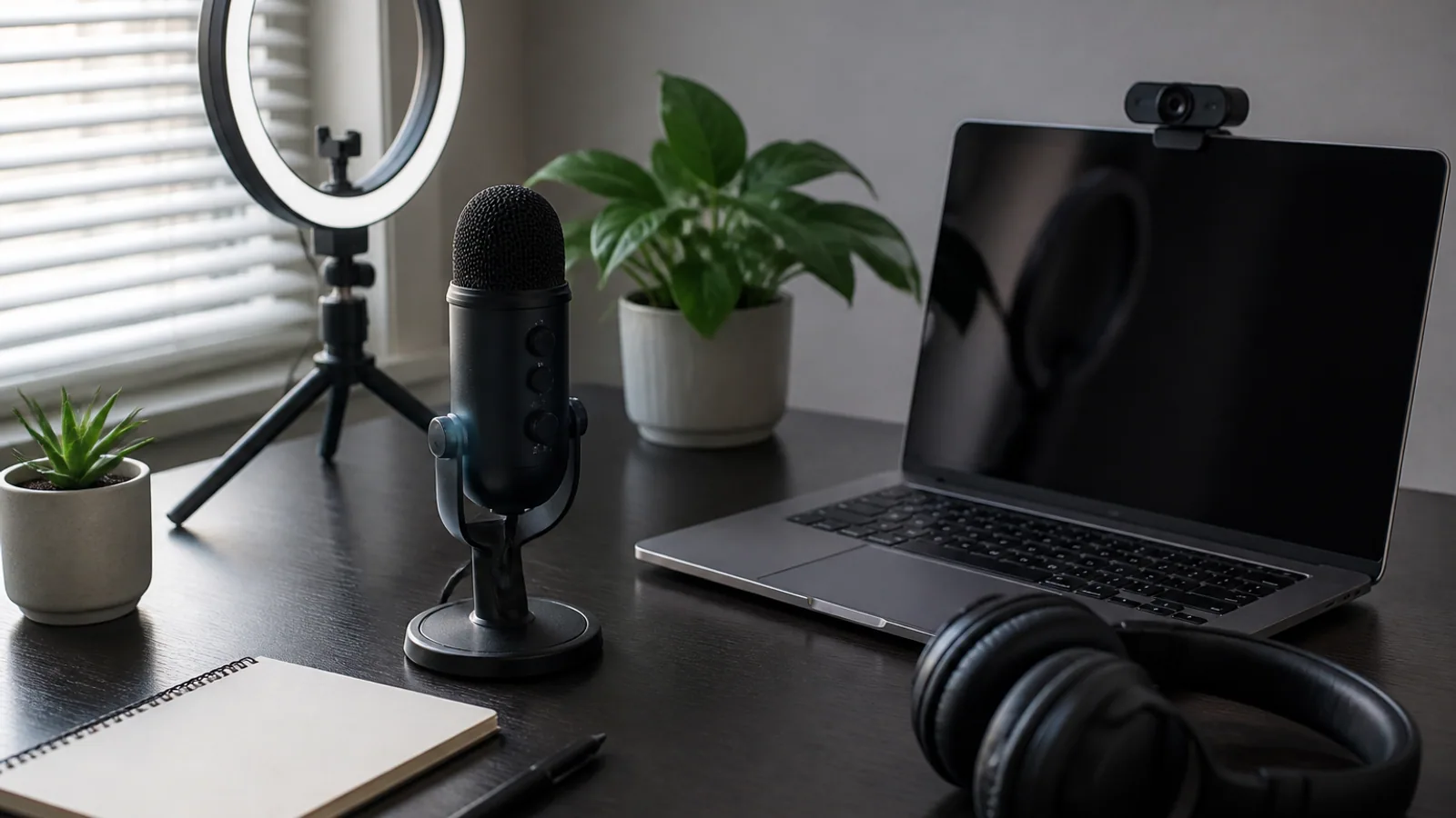 Microphone, webcam, headphones, notebook, and closed-looking laptop arranged on a presenter’s desk.