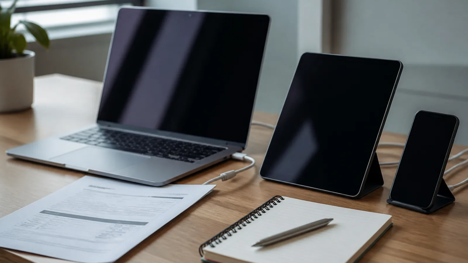 Laptop, tablet, smartphone, invoice, cables, and notepad arranged on a modern office desk.